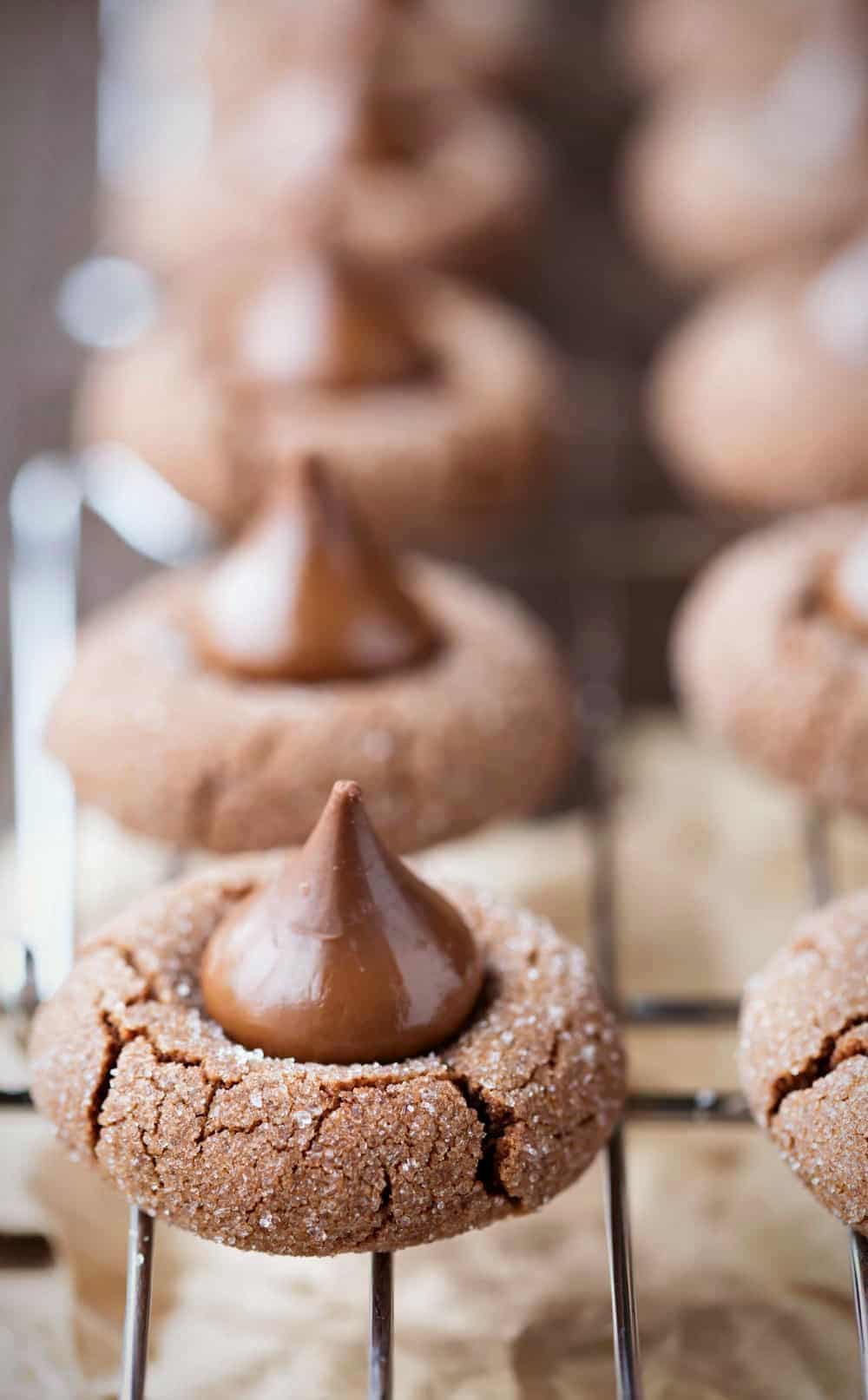 Chocolate kiss cookies on a wire cooling rack