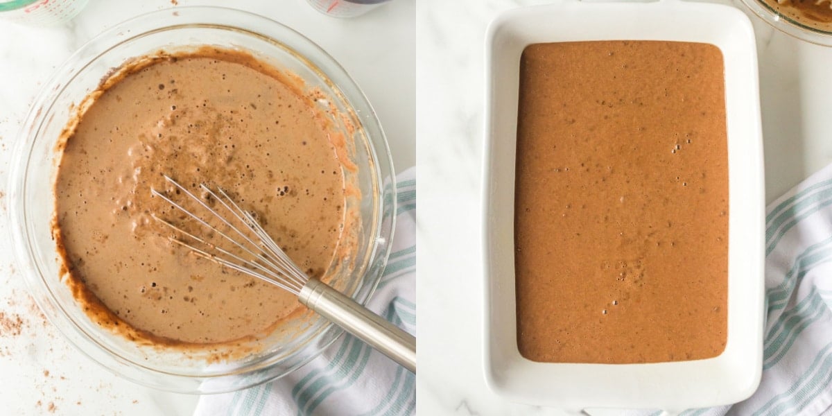 chocolate mousse cake batter in a baking pan