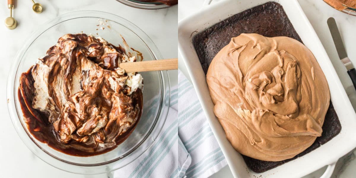 spoon stirring together chocolate mousse in a glass mixing bowl