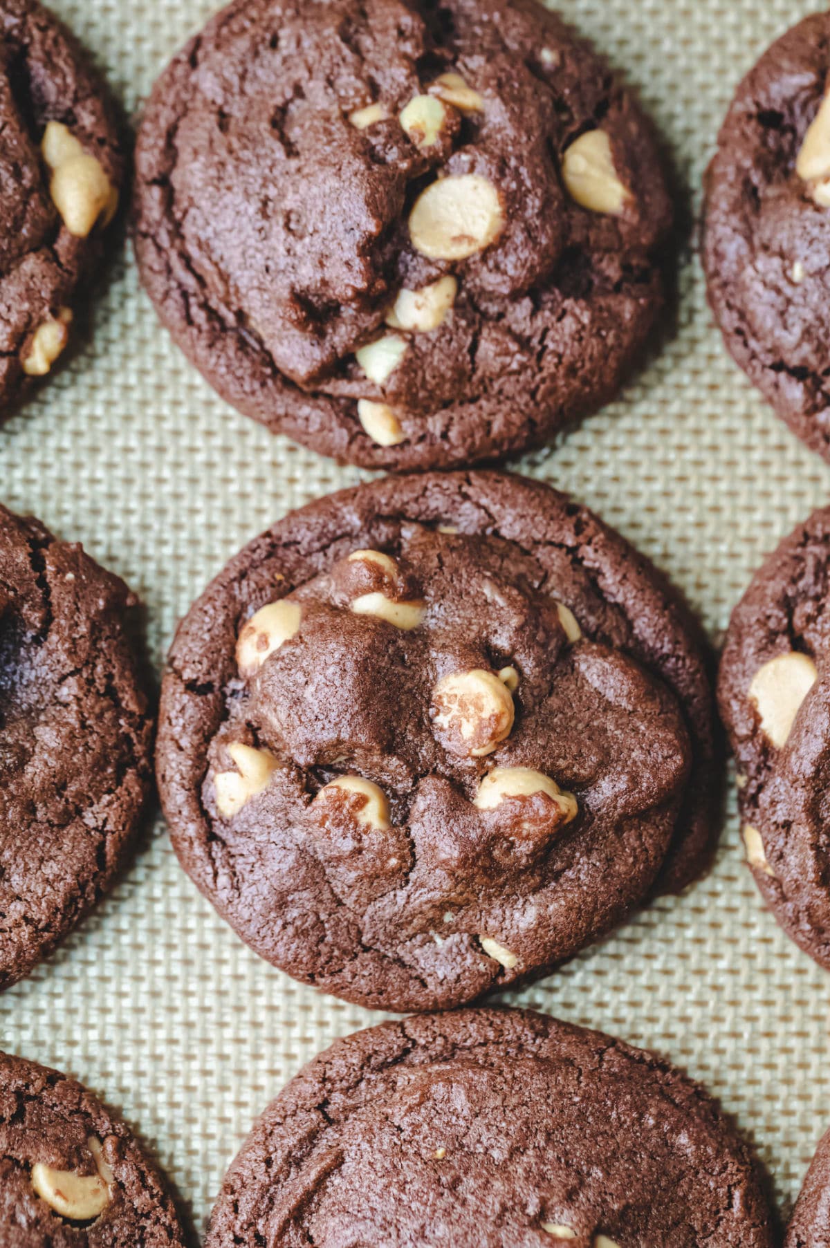 chocolate peanut butter cookies on a silicone baking mat