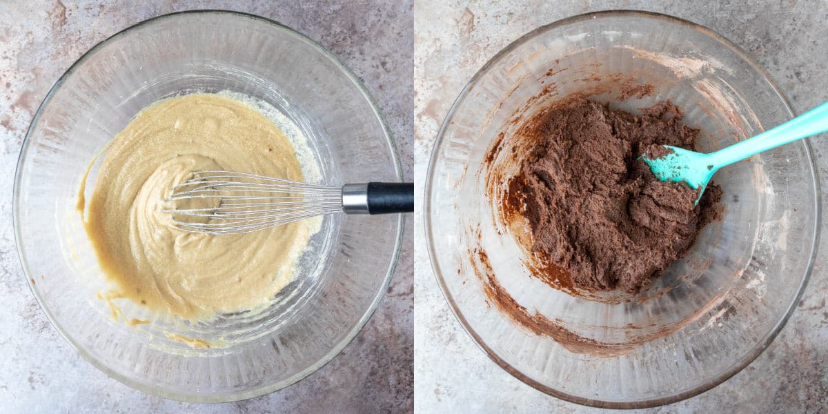 chocolate cookie dough in a glass mixing bowl