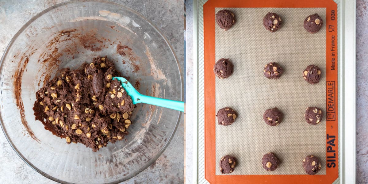 chocolate peanut butter cookie dough in a glass mixing bowl