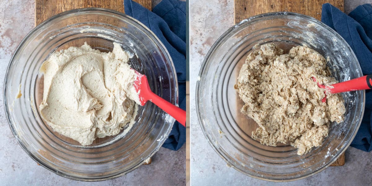 lactation cookie dough in a glass mixing bowl