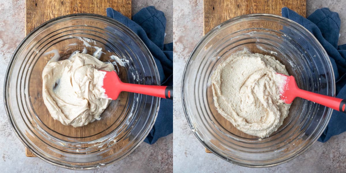 Creamed butter and coconut oil in a glass mixing bowl