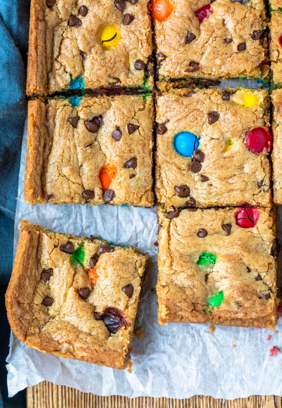 M&M cookie bars cut into pieces