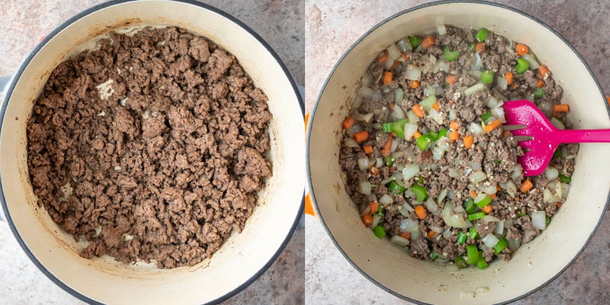 cooked ground beef and veggies in a Dutch oven