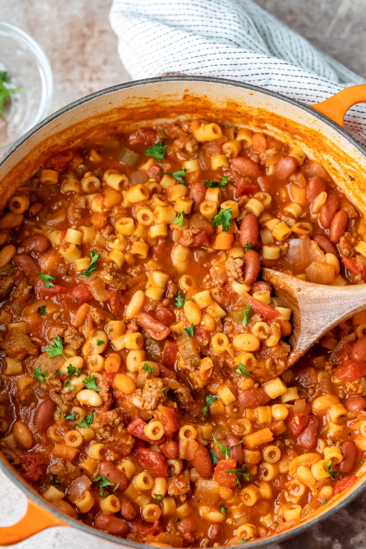 Dutch oven filled with pasta e fagioli soup