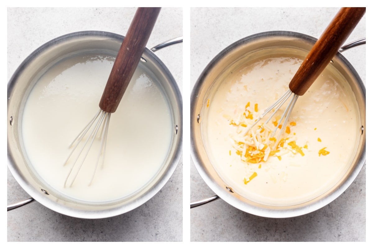 Thickened milk in a saucepan next to cheese stirred into milk.