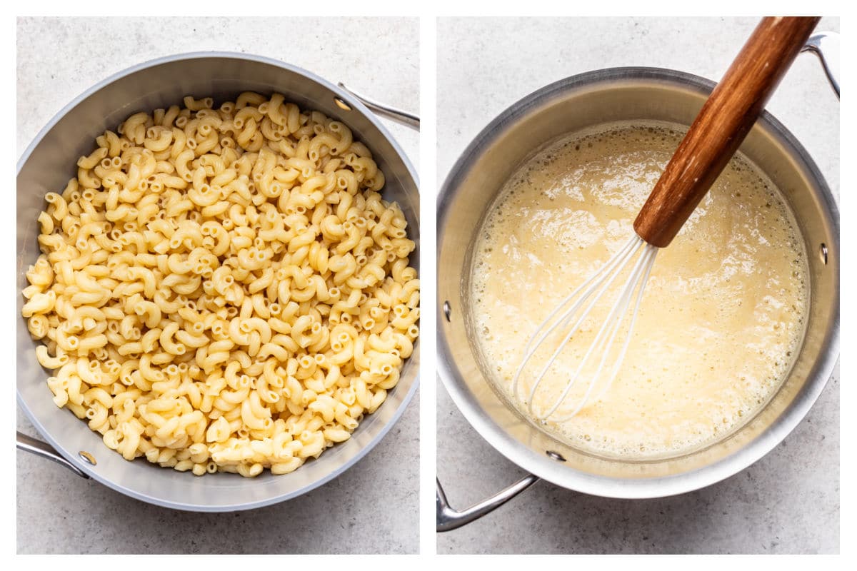 A pot of cooked macaroni noodles next to melted butter mixture in a pot.