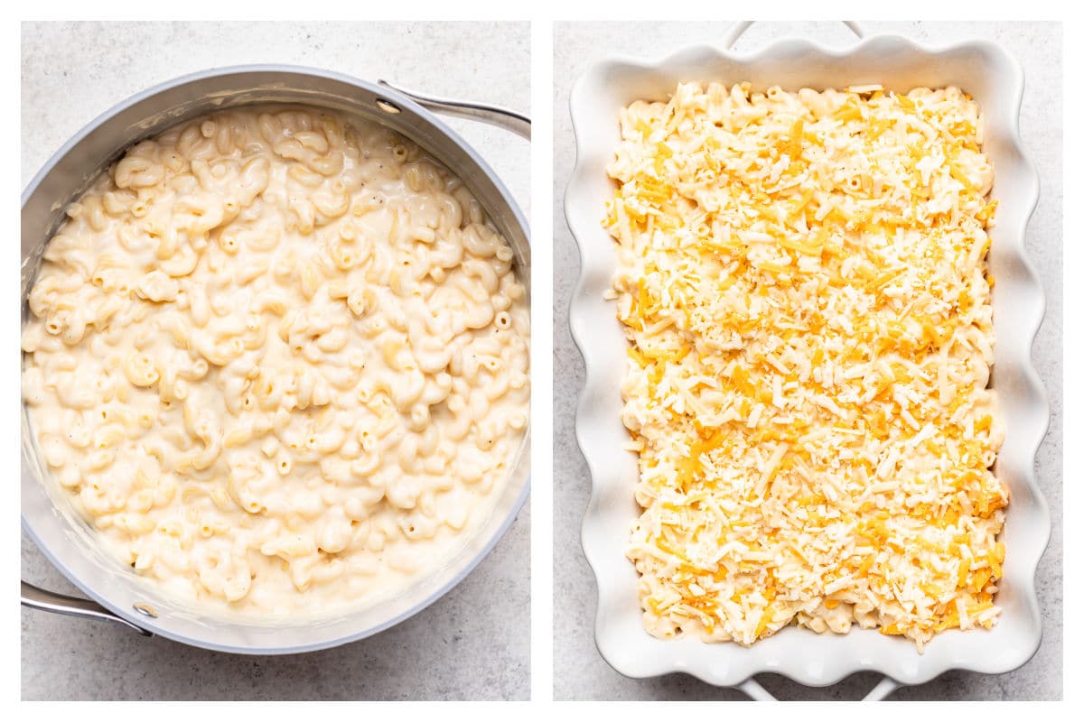 Pasta in cheese sauce in a pot next to macaroni topped with cheese in a casserole dish.
