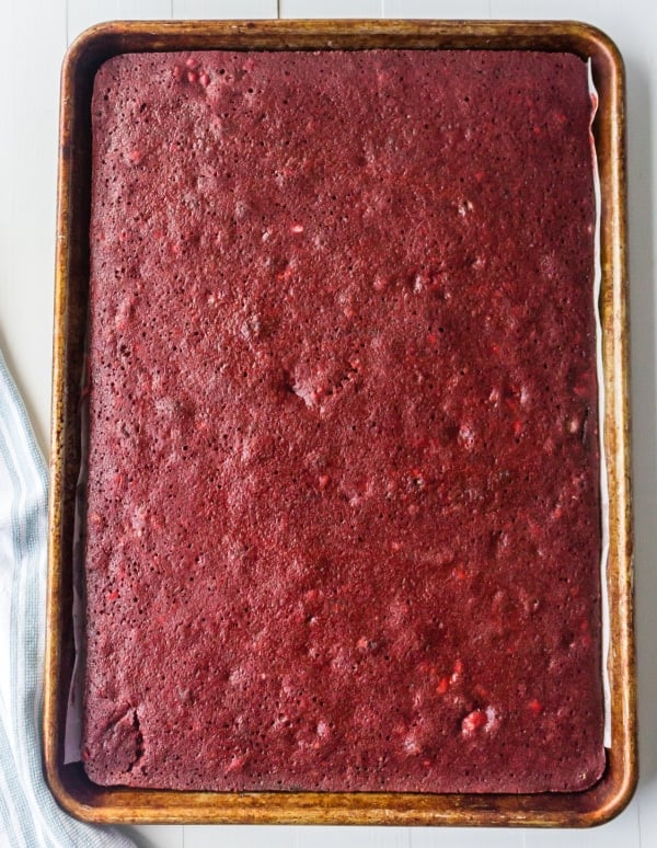 Red velvet cake in a metal baking pan
