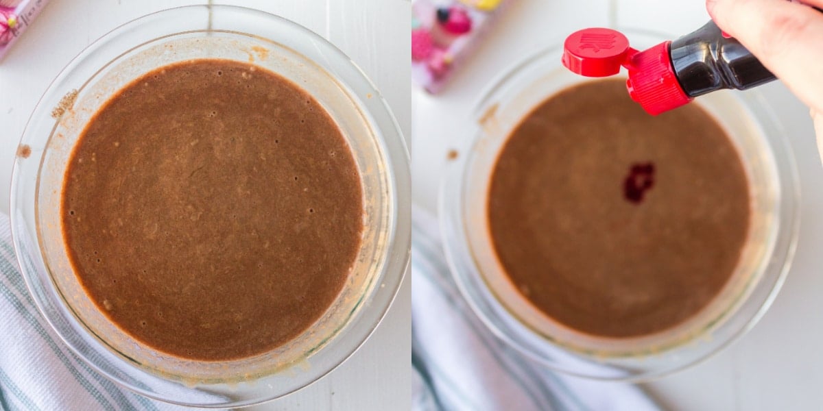 Bottle pouring red food color into chocolate batter