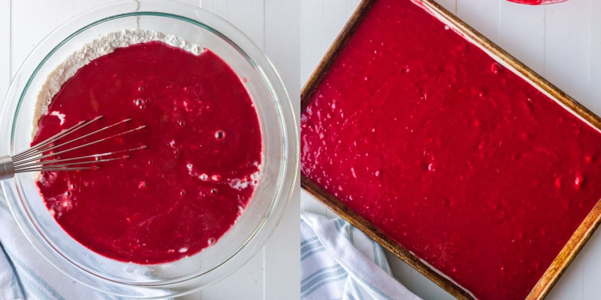 Red velvet cake batter in a sheet pan