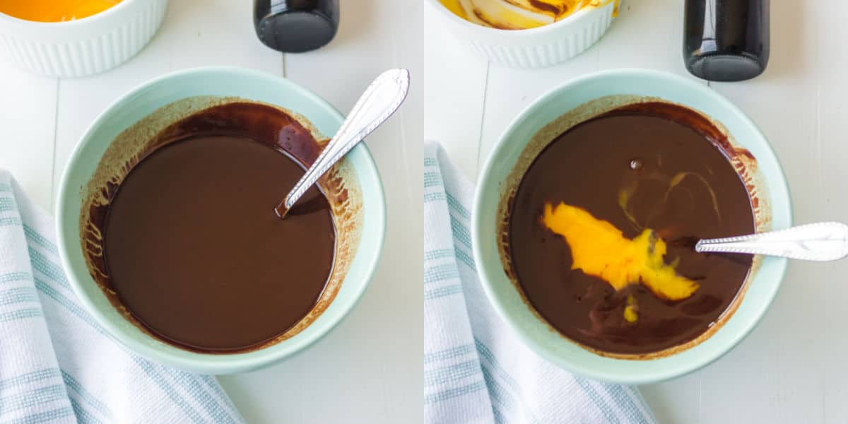 melted chocolate and egg yolks in a mixing bowl