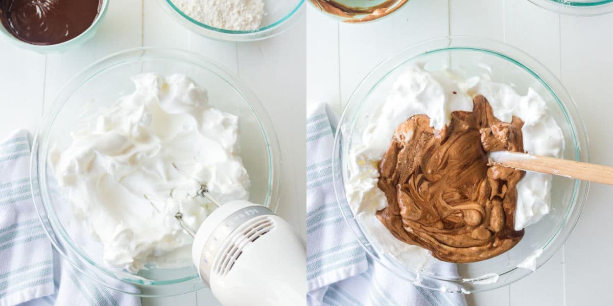 beaten egg whites in a glass mixing bowl