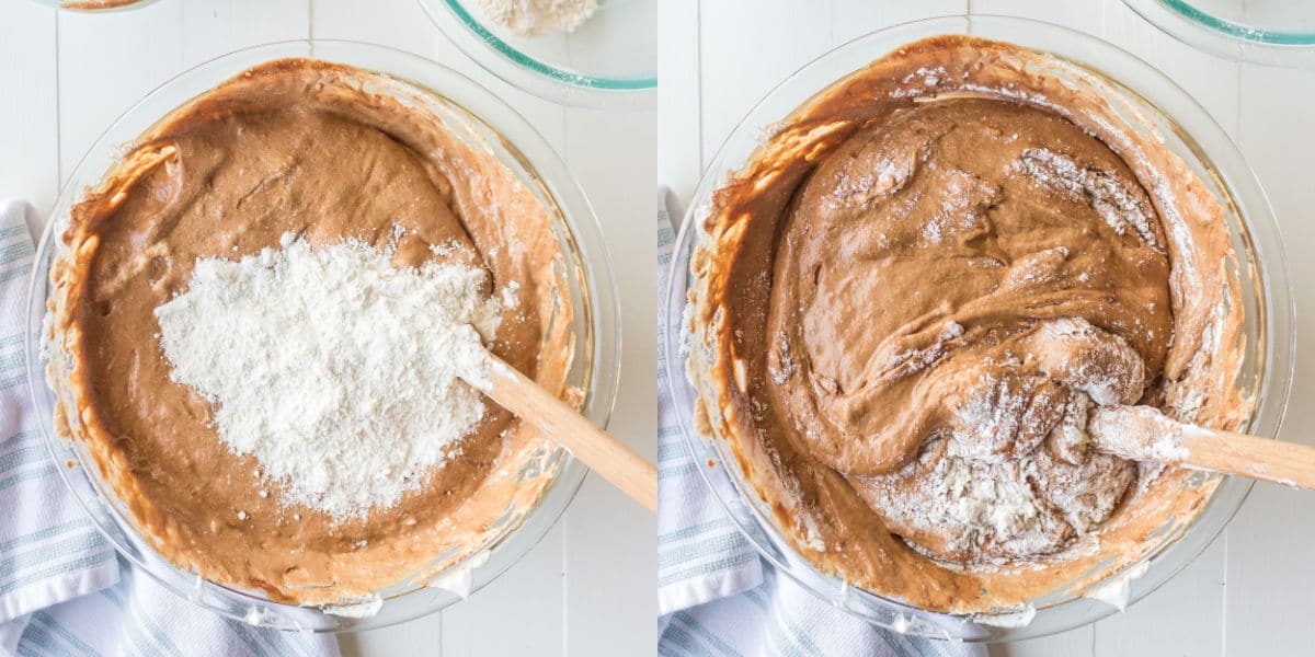 Flour folding into egg and chocolate mixture