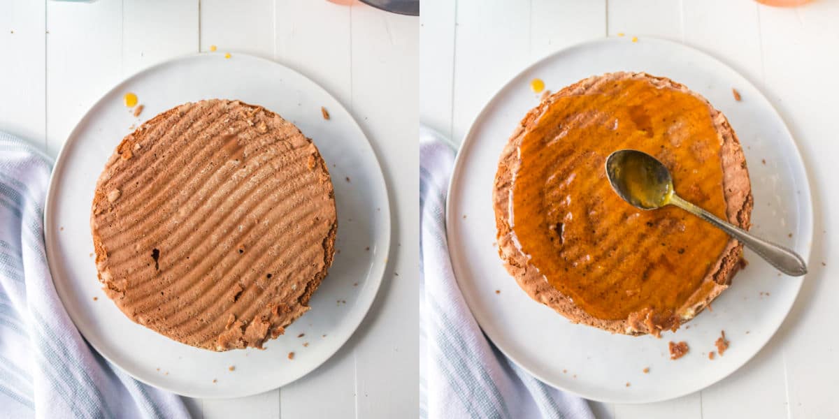 apricot jam spread on a chocolate cake layer