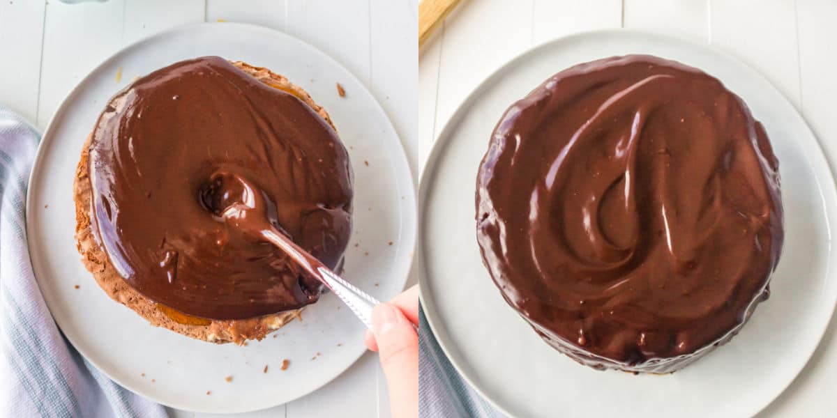spoon spreading chocolate ganache on a cake