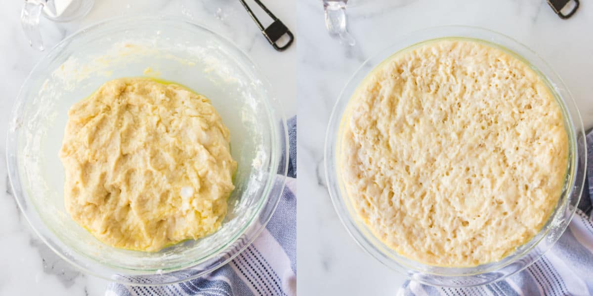 Dough rising in a glass mixing bowl.