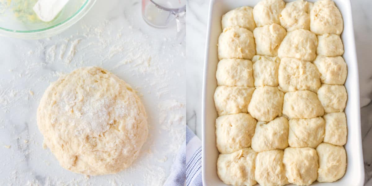 Photos of Dough on a floured surface and unbaked rolls in a baking pan.