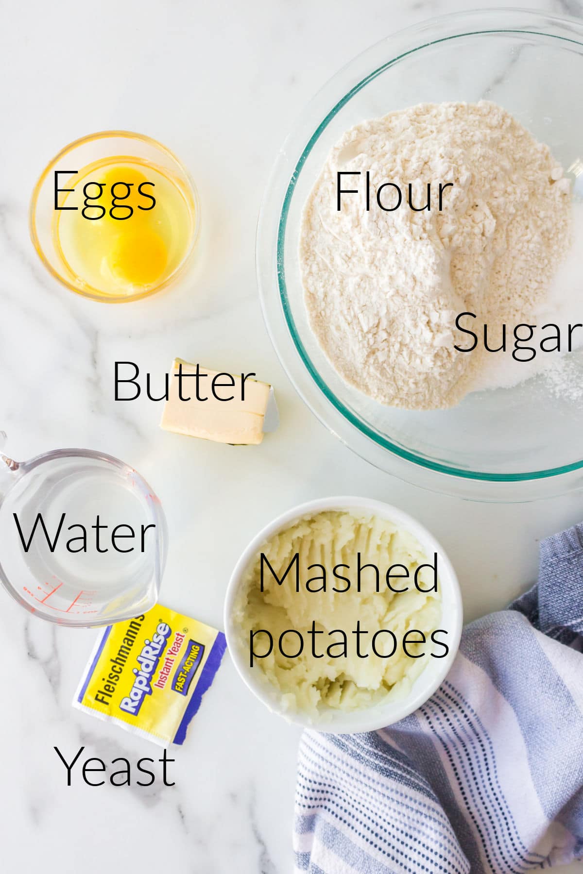 Labeled photo of Amish dinner roll ingredients.