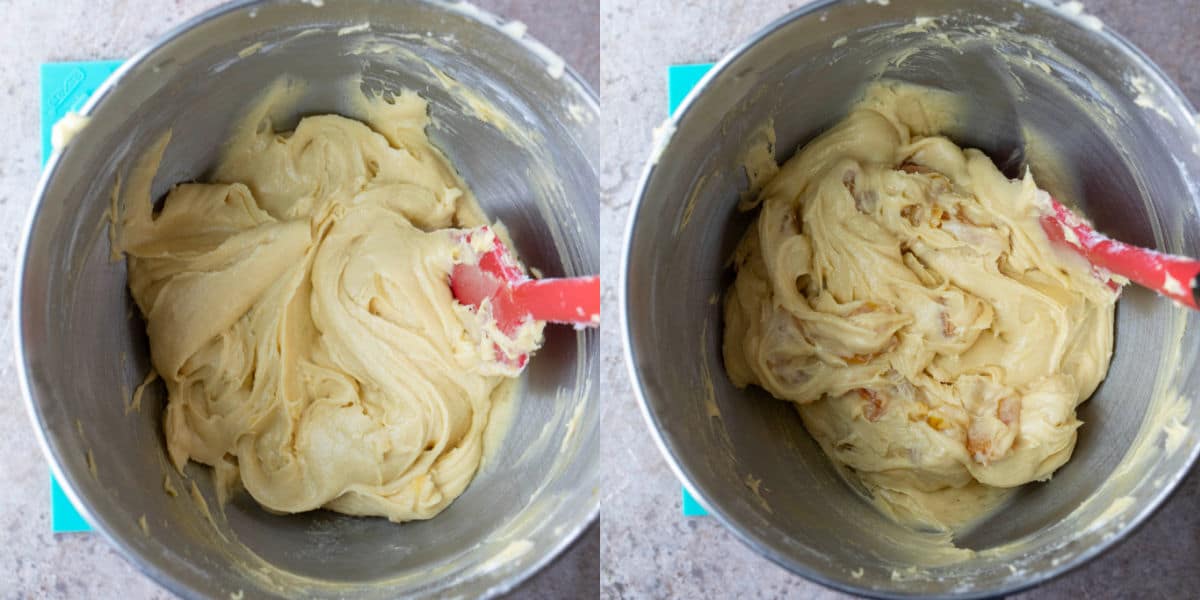 Apricot cake batter in a silver mixing bowl.