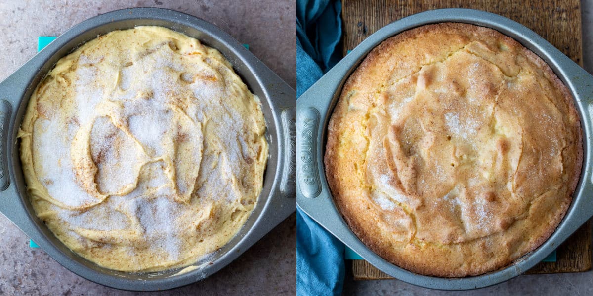 Unbaked apricot cake in a round cake pan.