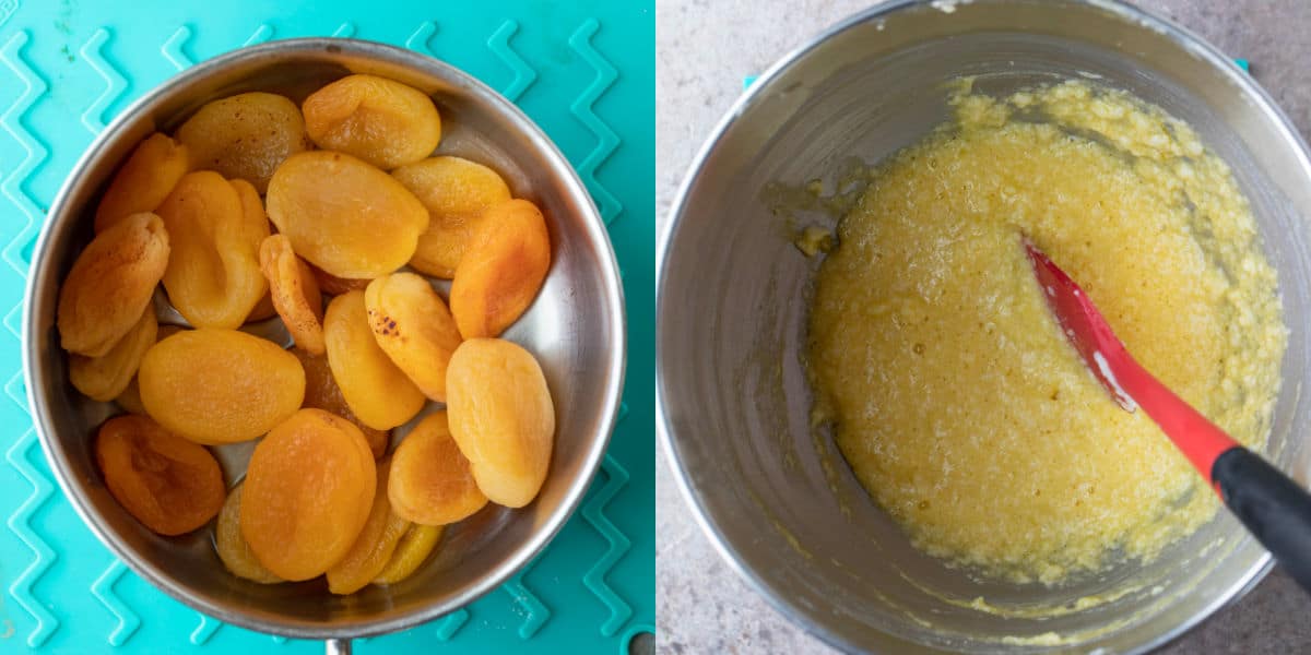 Cooked apricots in a small saucepan.