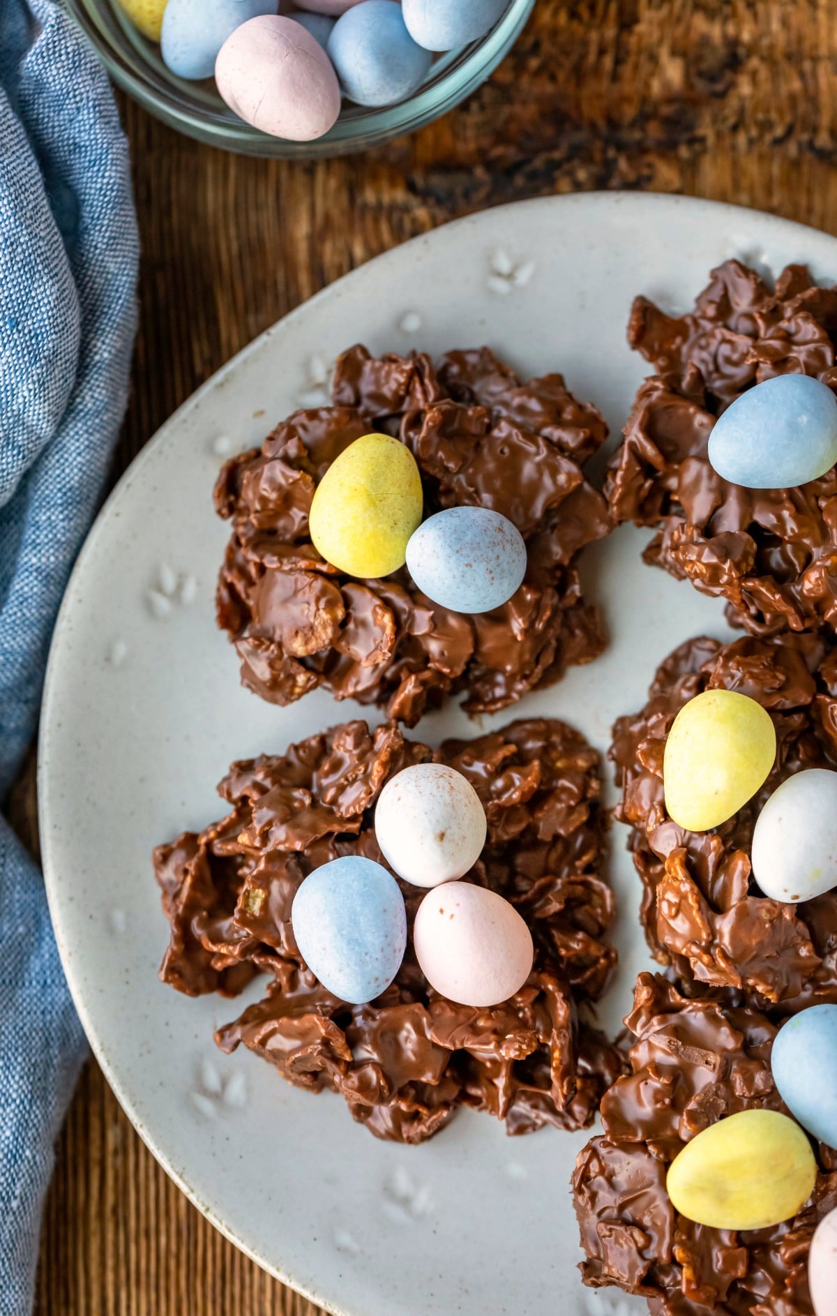 Bird's nest cookies on a gray plate.