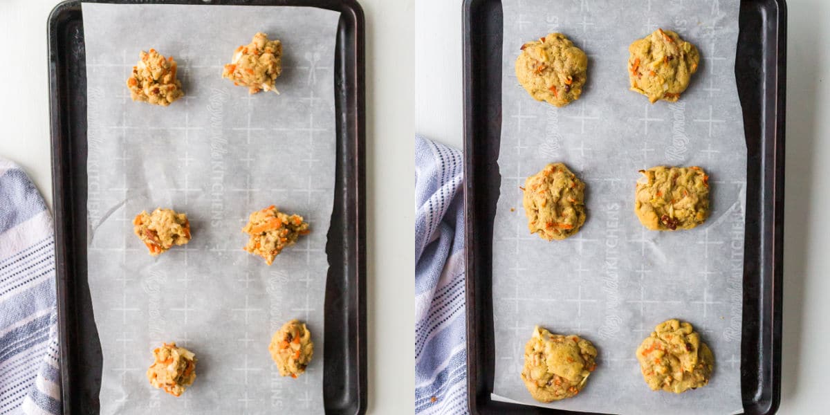 Carrot cake cookie dough on a cookie sheet.