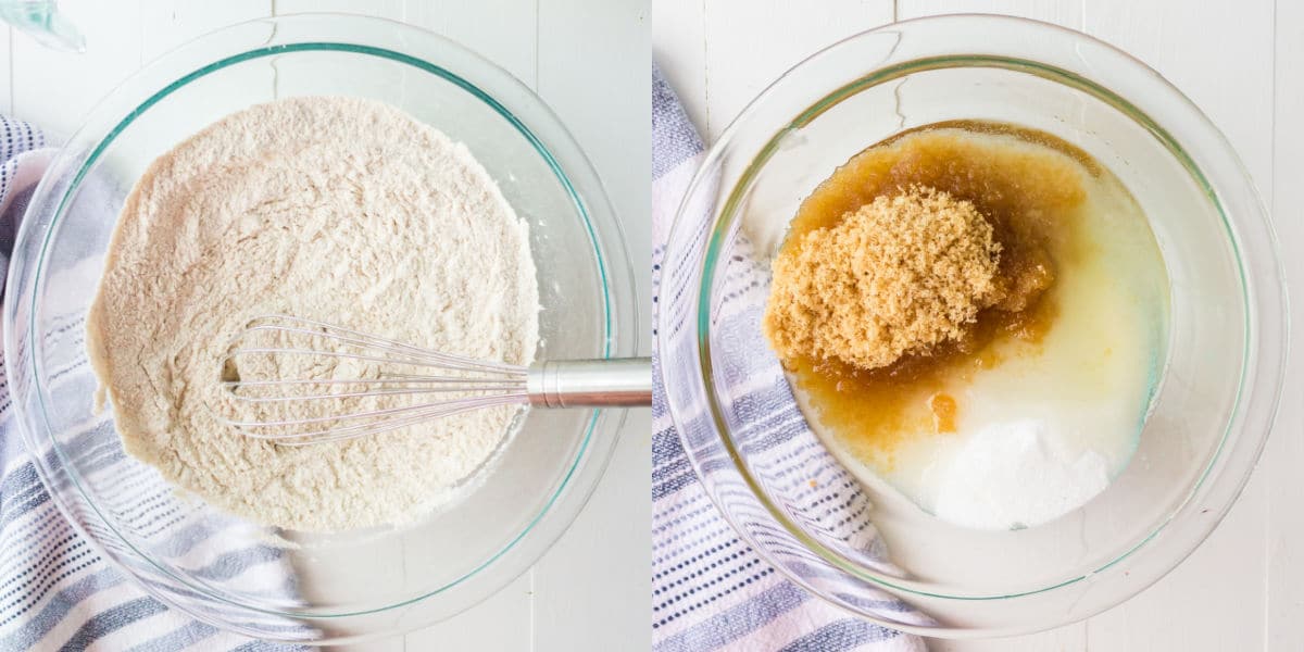 Glass bowl of dry ingredients with a whisk in it.