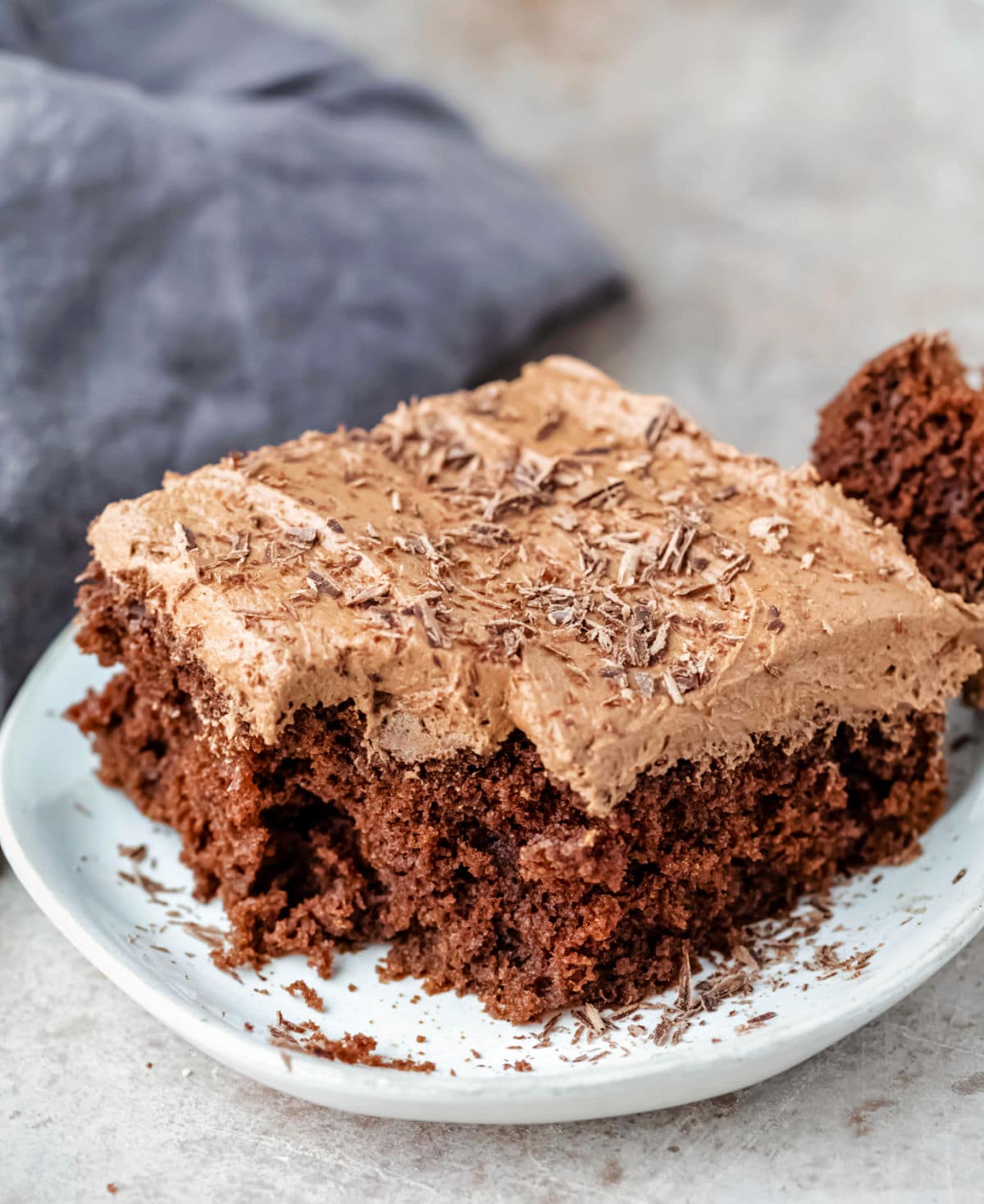 Slice of chocolate mashed potato cake on a white plate. 