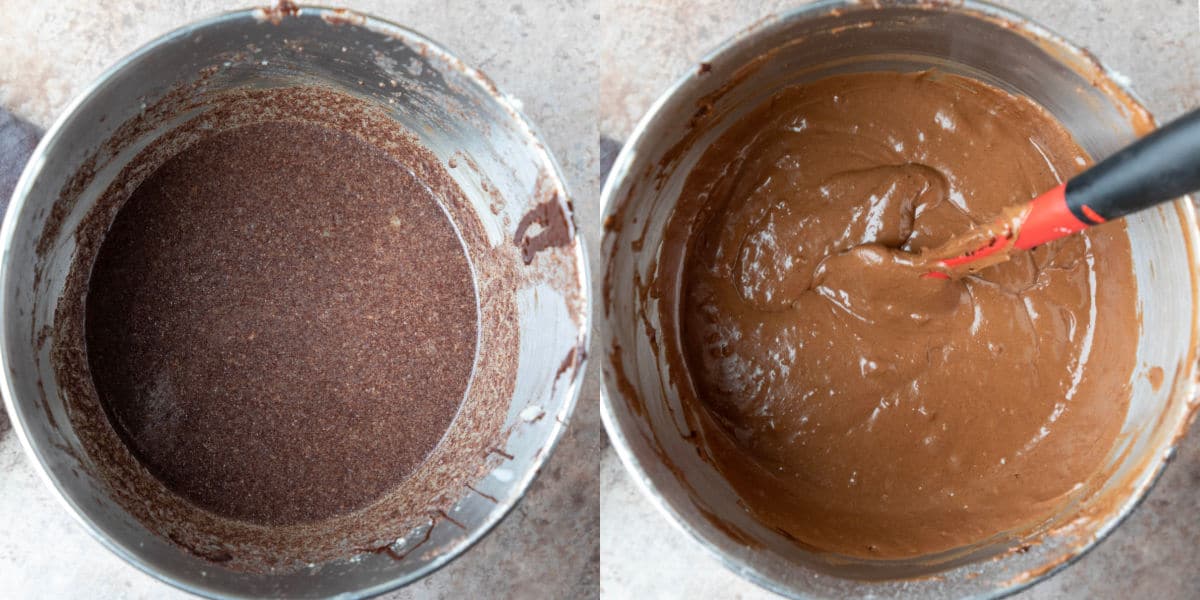 Chocolate mashed potato cake batter in a silver mixing bowl.