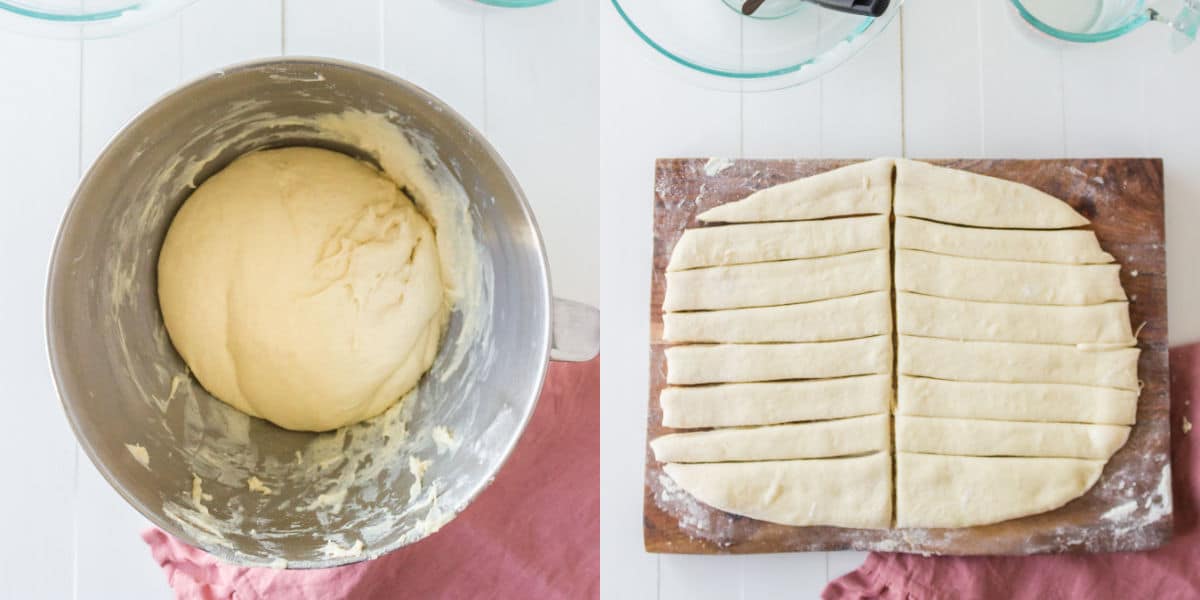 Dough in a silver mixing bowl next to a photo of dough cut into strips.