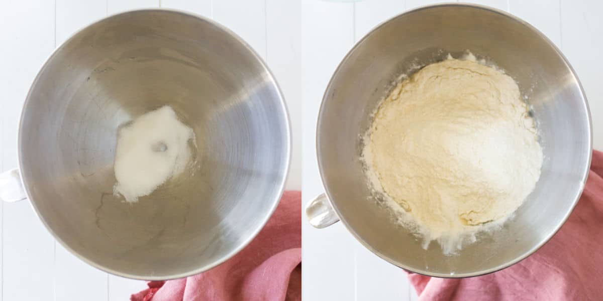 Yeast and sugar in a silver mixing bowl and flour in a silver mixing bowl.