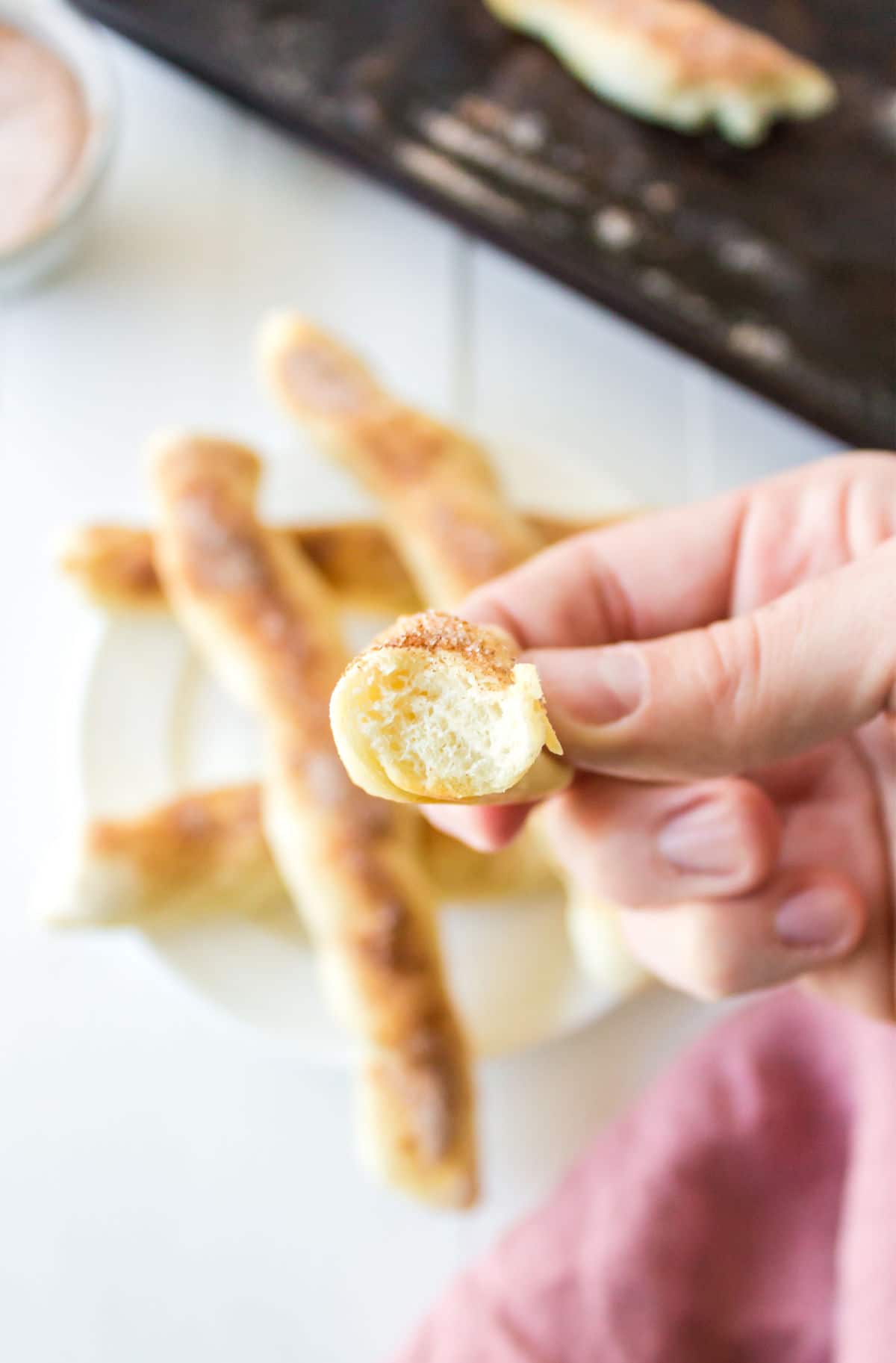 Hand holding a piece of a cinnamon sugar breadstick.