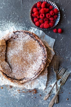 Flourless chocolate cake dusted with cocoa powder and powdered sugar.