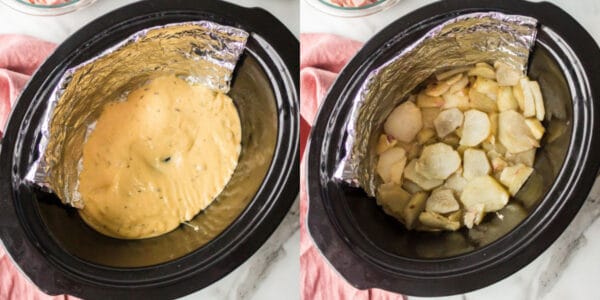 Cheese sauce and potatoes in the bottom of a slow cooker.