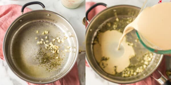 Milk pouring into a skillet with garlic in it. 
