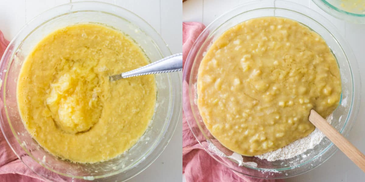 Crushed pineapple in a glass bowl.