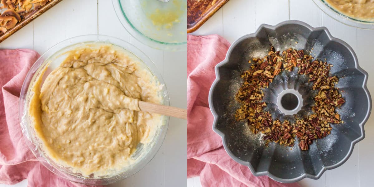 Chopped pecans in the bottom of a bundt cake pan.