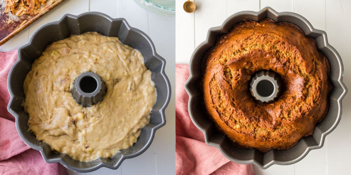 Baked hummingbird cake in a bundt pan.