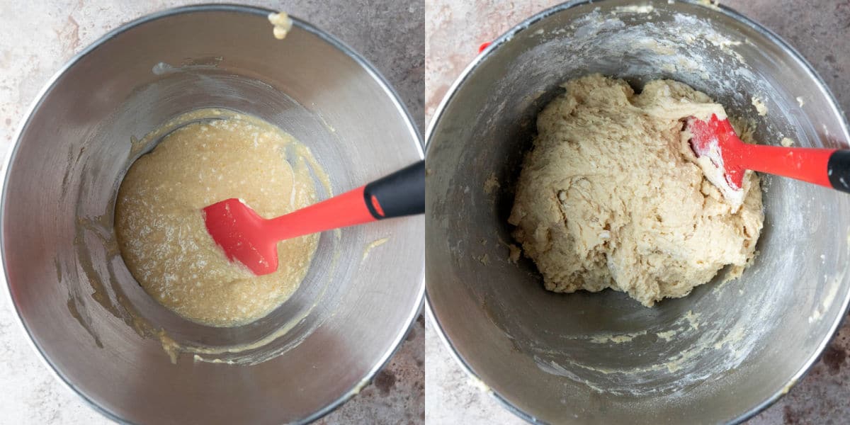 Butter and sugar beaten in a silver mixing bowl.