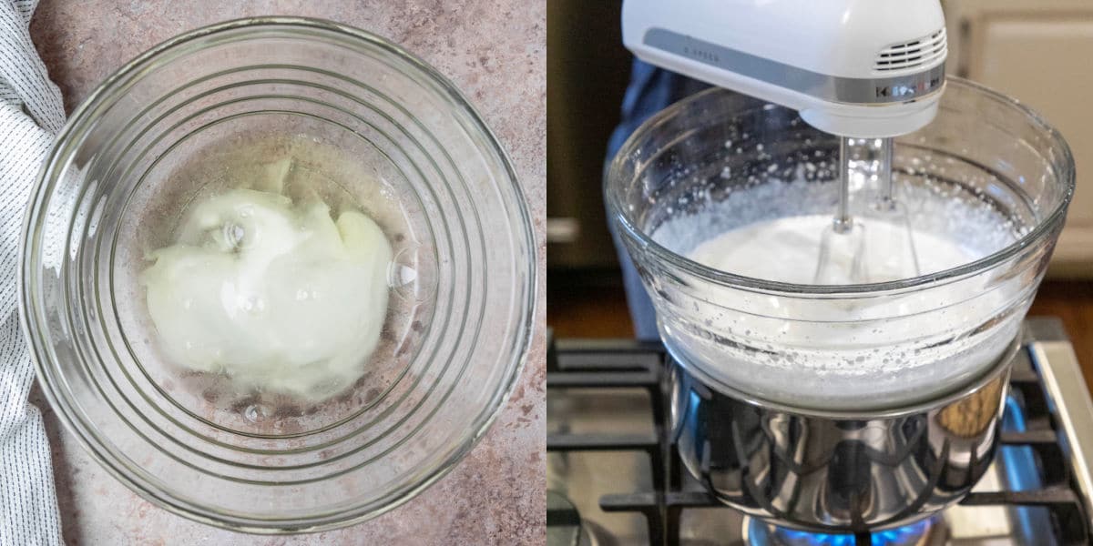 Hand mixer mixing frosting ingredients in a glass bowl over a pot of water.