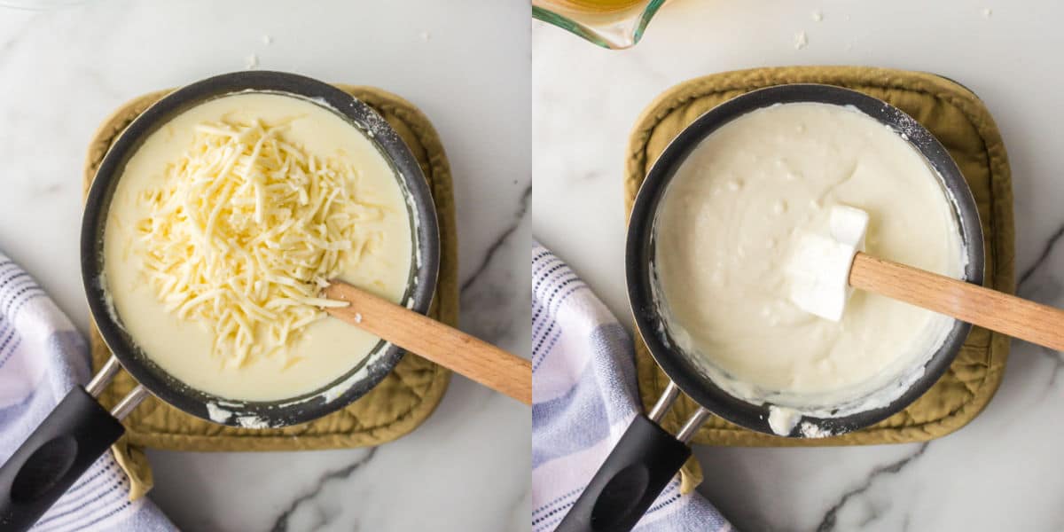 Cheese sauce in a saucepan.