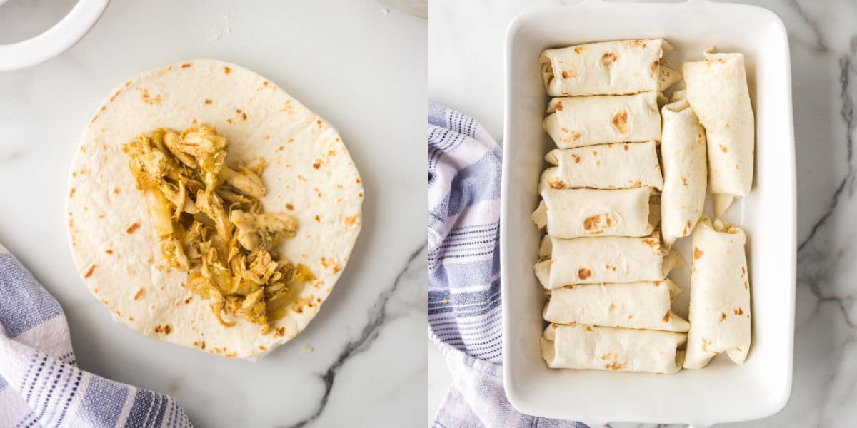 Chicken filling in the center of a tortilla.