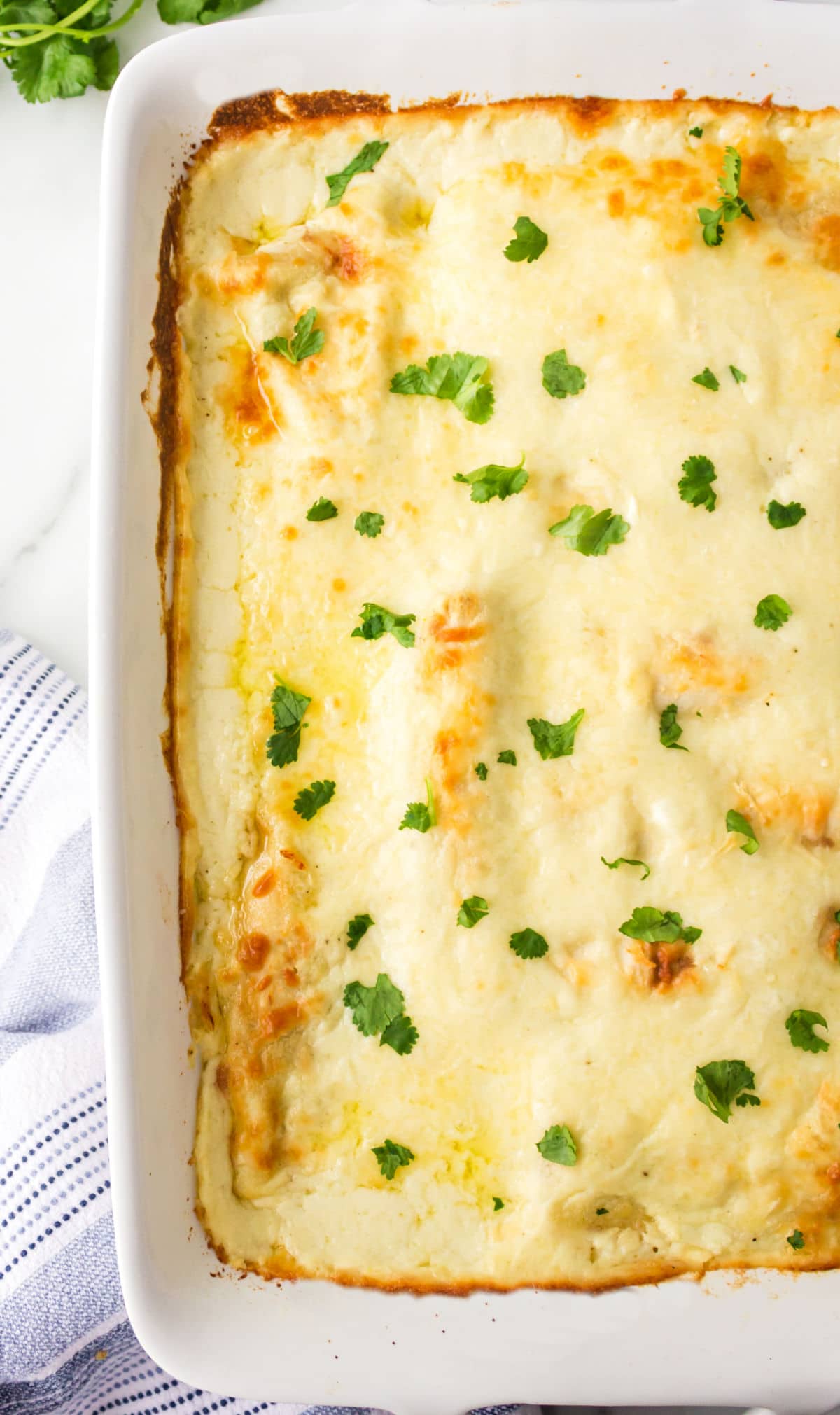 White baking pan filled with white chicken enchiladas.