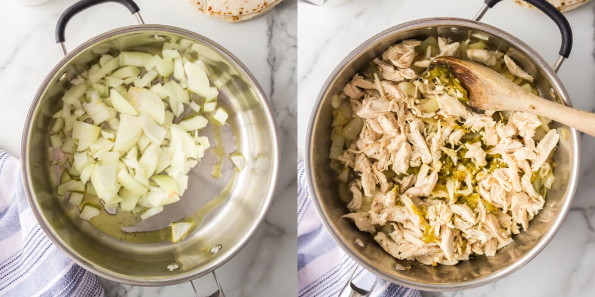 Chicken onions and green chiles in a saucepan.