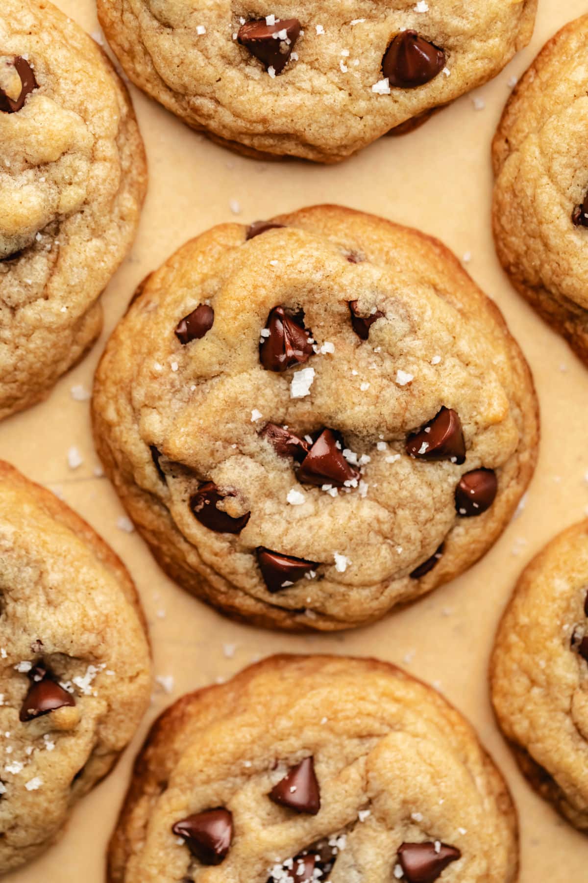 Rows of brown butter chocolate chip cookies sprinkled with sea salt.