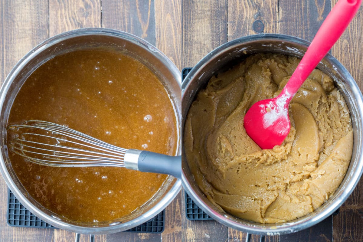 Saucepan with liquid ingredients next to a saucepan with cookie dough in it. 